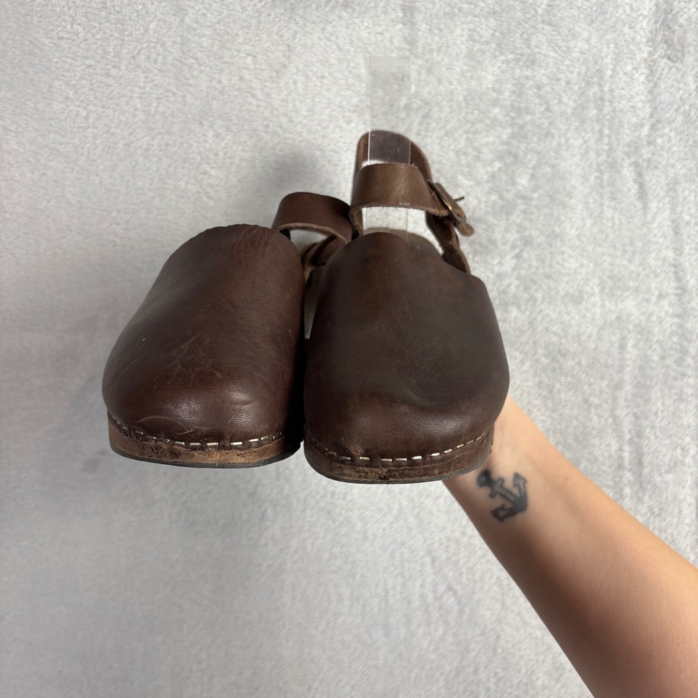 Vintage Aldo Brown Leather Wooden Clogs Slingback Made in Italy 38 Lug Sole - Picture 5 of 8